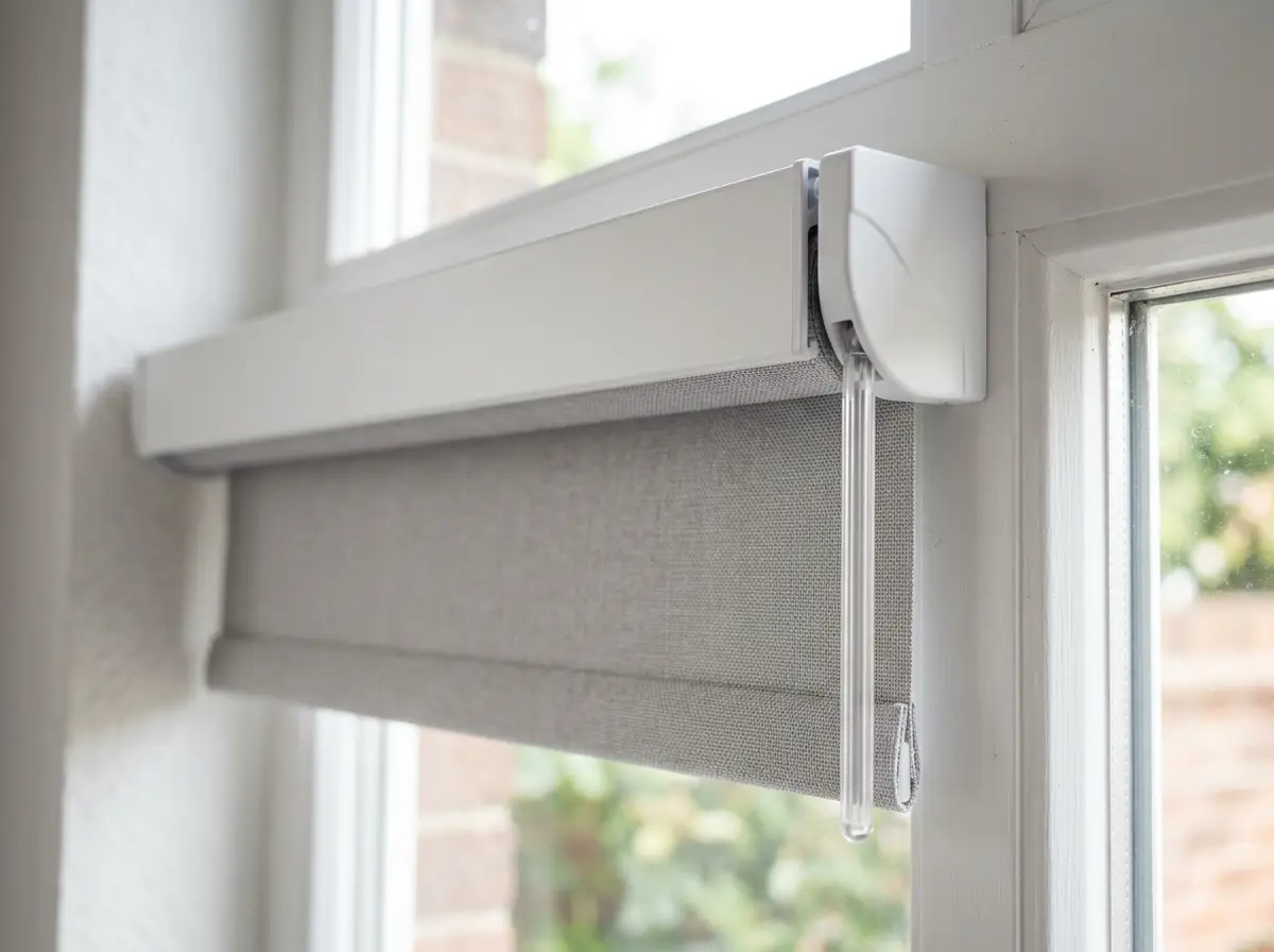 Close-up of a cordless roller blind headrail and wand control, the child-safe finish common on newer Boardwalk Meander builds