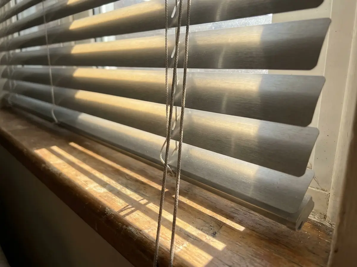 Close-up of aluminium venetian blind slats tilted open, light streaming through onto a timber windowsill