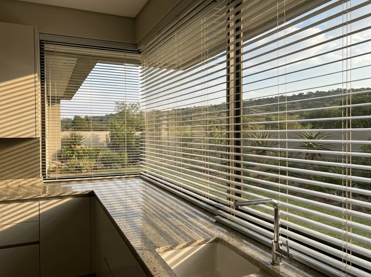 White aluminium venetian blinds with slats tilted half-open over a kitchen window, throwing bands of light across a stone countertop with a garden and ridge beyond