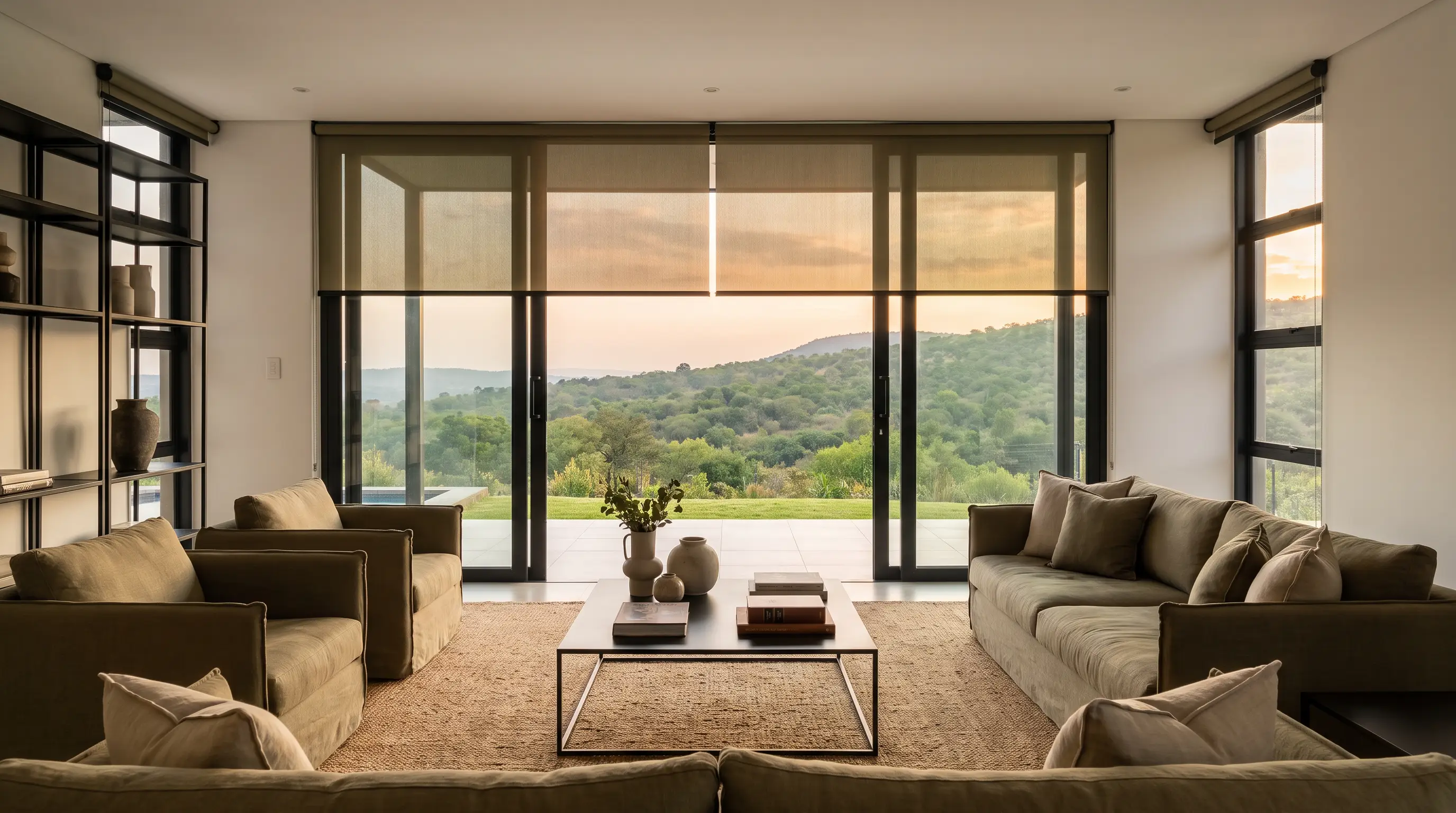 Motorised roller blinds in a bright Faerie Glen living room, view ridge home