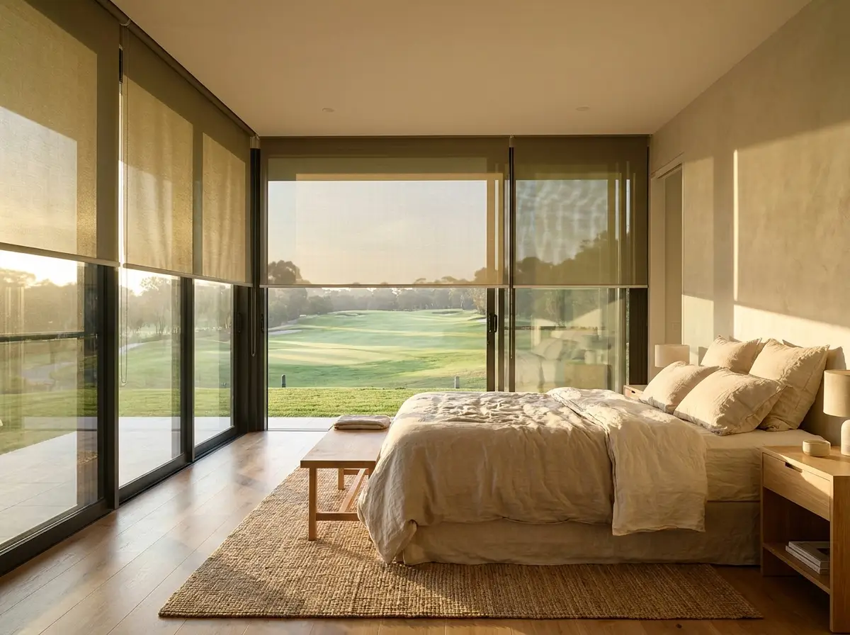 Main bedroom with khaki-toned sunscreen roller blind fitted to large glass overlooking the Woodhill fairway
