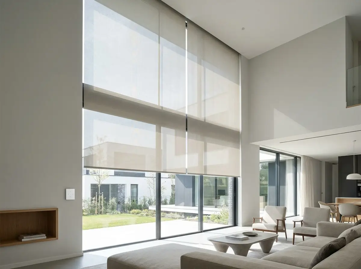 Double-volume living room with tall glazing and a motorised roller blind lowered halfway, wall remote visible